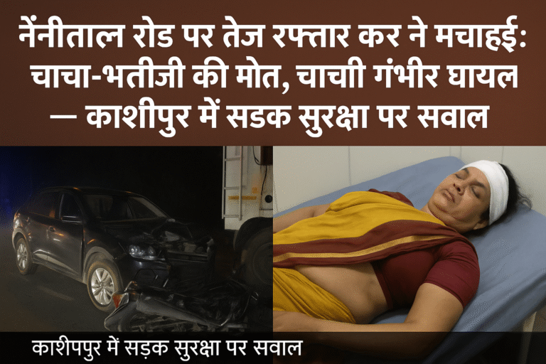 नैनीताल रोड पर दुर्घटना स्थल जहां तेज रफ्तार कार ने बाइक सवारों को टक्कर मारी बाजपुर सामुदायिक स्वास्थ्य केंद्र में घायल महिला का प्राथमिक उपचार चल रहा है पुलिस वाहन और कब्जे में लिए गए क्षतिग्रस्त वाहन घटनास्थल पर स्थानीय लोग और परिजन सड़क हादसे के बाद दहशत में