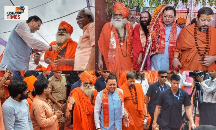 माया देवी मंदिर से पवित्र छड़ी यात्रा को शुभारंभ करते उत्तराखंड के मुख्यमंत्री पुष्कर सिंह धामी और साधु-संत।