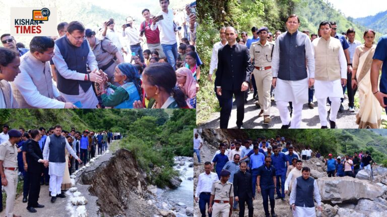 "मुख्यमंत्री पुष्कर सिंह धामी पौंसरी गांव के प्रभावितों से मिलते हुए"