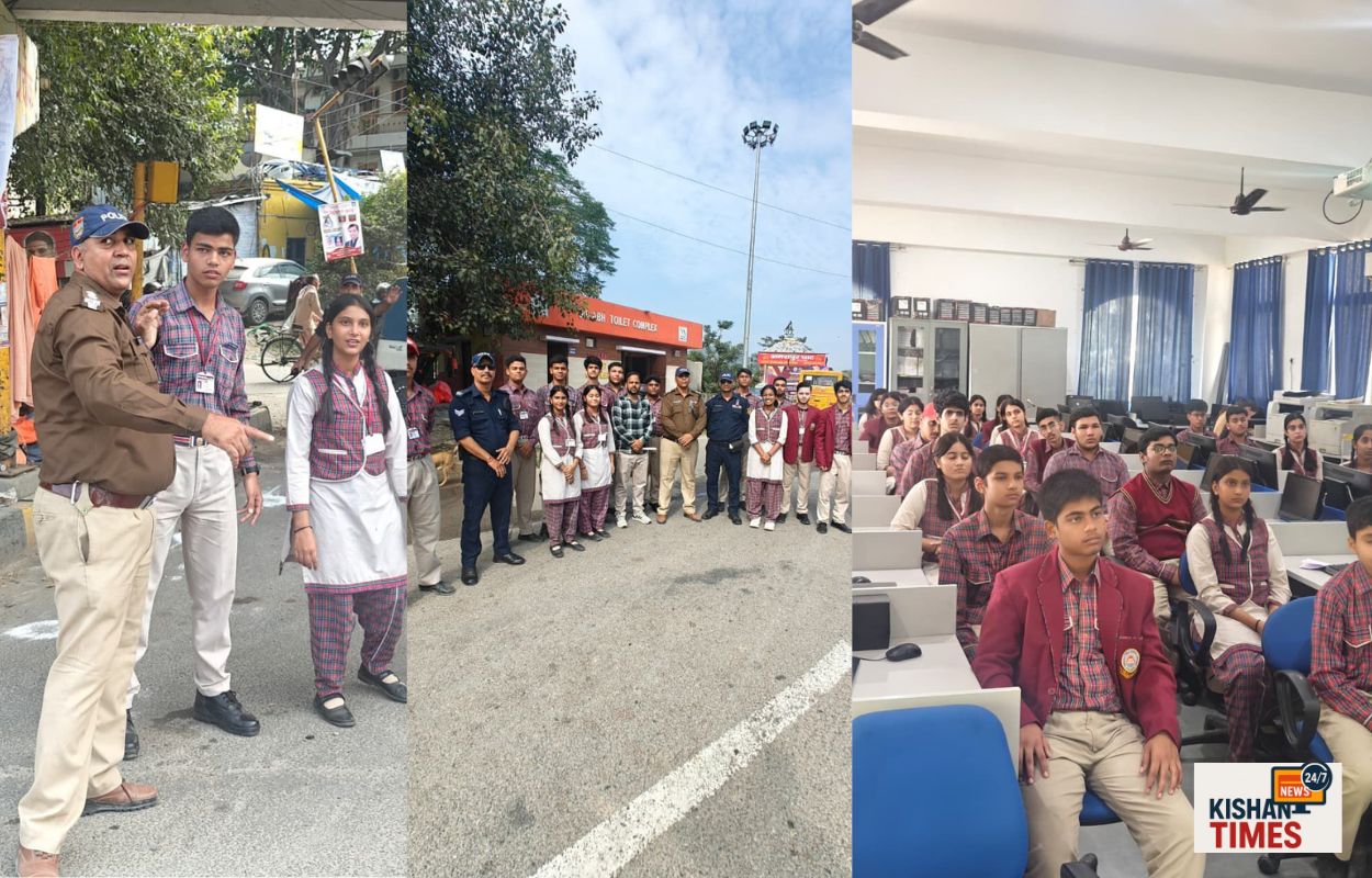 हरिद्वार में बीएमडीएवी स्कूल के छात्रों द्वारा यातायात संचालन का व्यावहारिक प्रदर्शन करते हुए दृश्य।