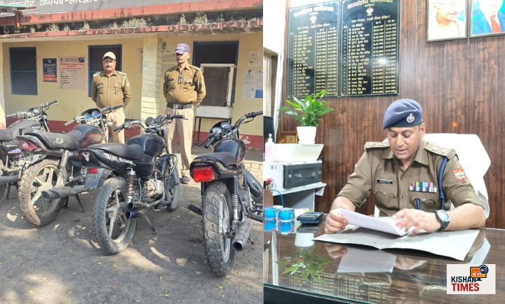 हरिद्वार पुलिस द्वारा बिना नंबर प्लेट बाइक की जांच करती टीम।