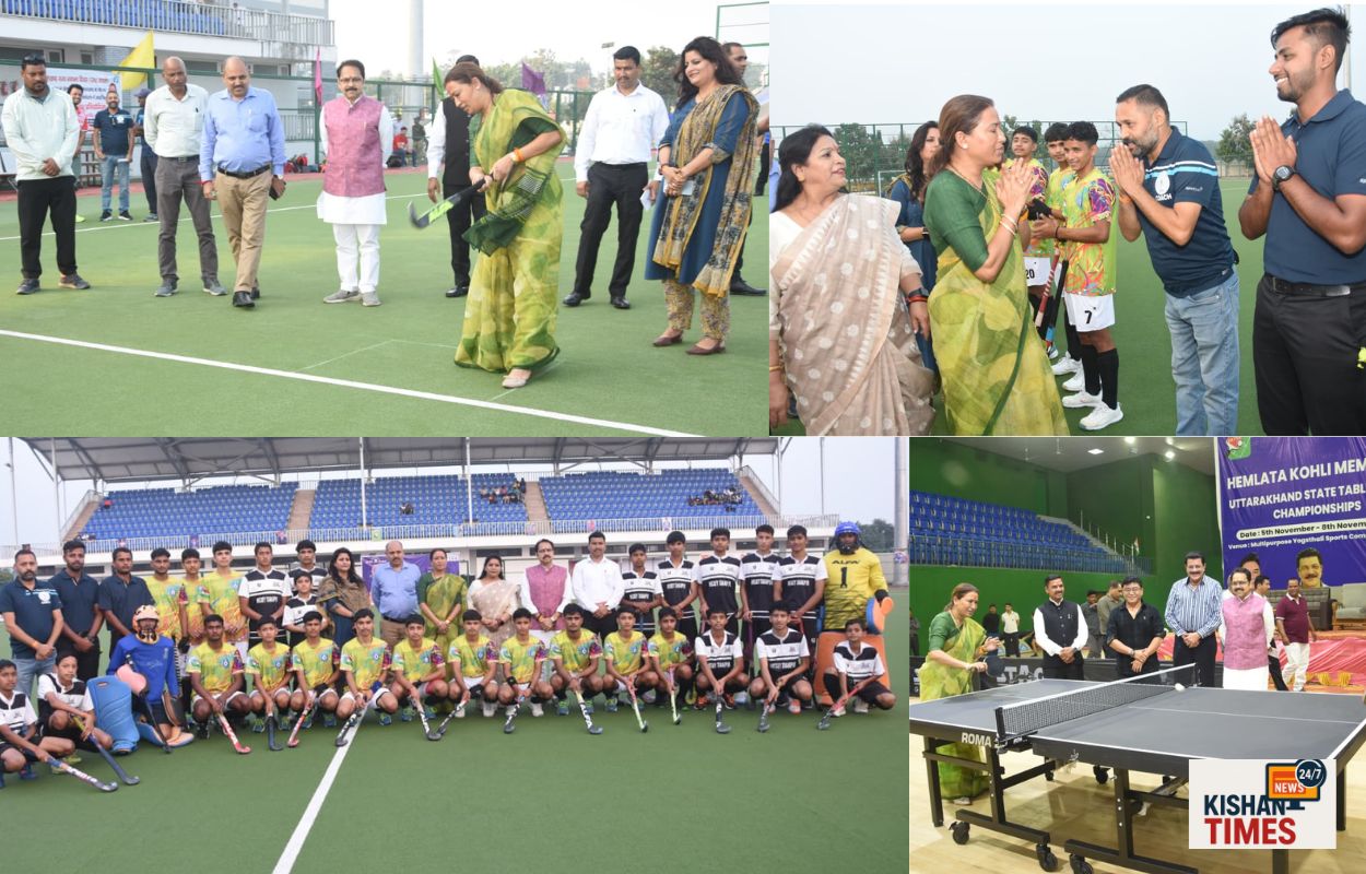 "खेल मंत्री रेखा आर्या हरिद्वार में राज्य स्तरीय हॉकी चैंपियनशिप का उद्घाटन करते हुए खिलाड़ियों का उत्साह बढ़ाती हुईं"
