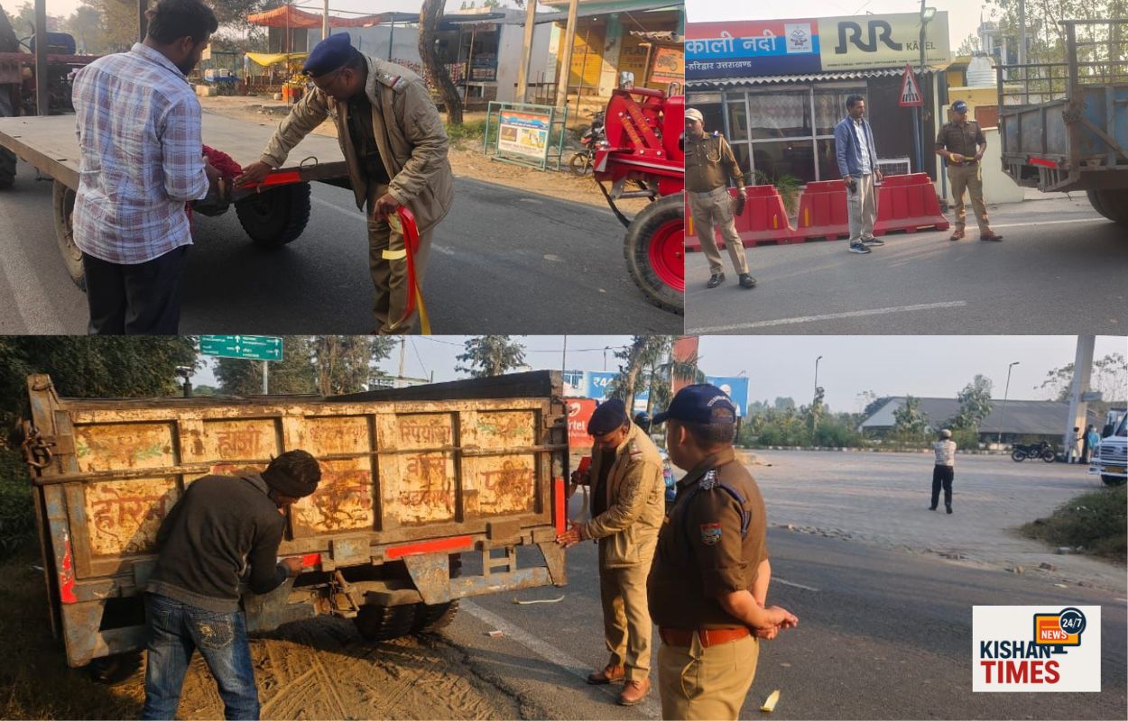 “हरिद्वार पुलिस द्वारा रात में ट्रैक्टर-ट्रॉली पर रिफ्लेक्टर टेप लगाते हुए अधिकारी”