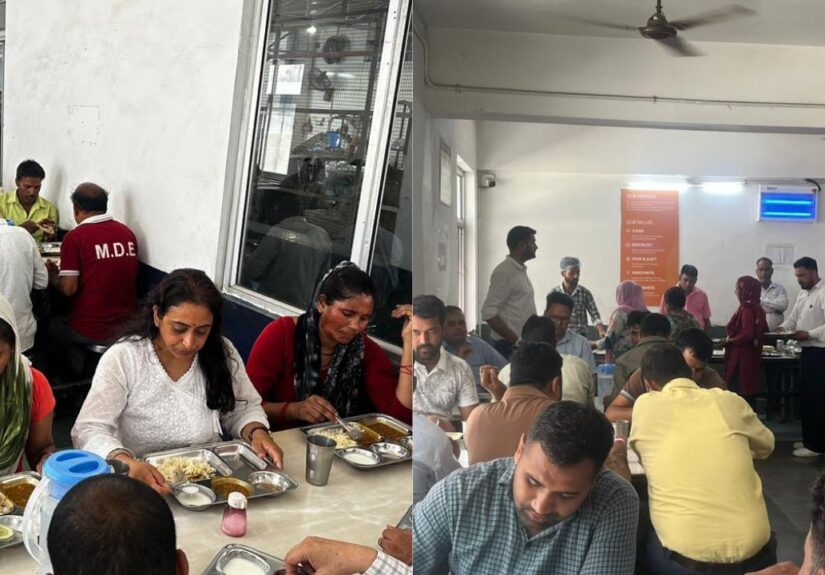 सिडकुल हरिद्वार की कंपनी में श्रमिकों के साथ भोजन करते श्रम विभाग के अधिकारी।